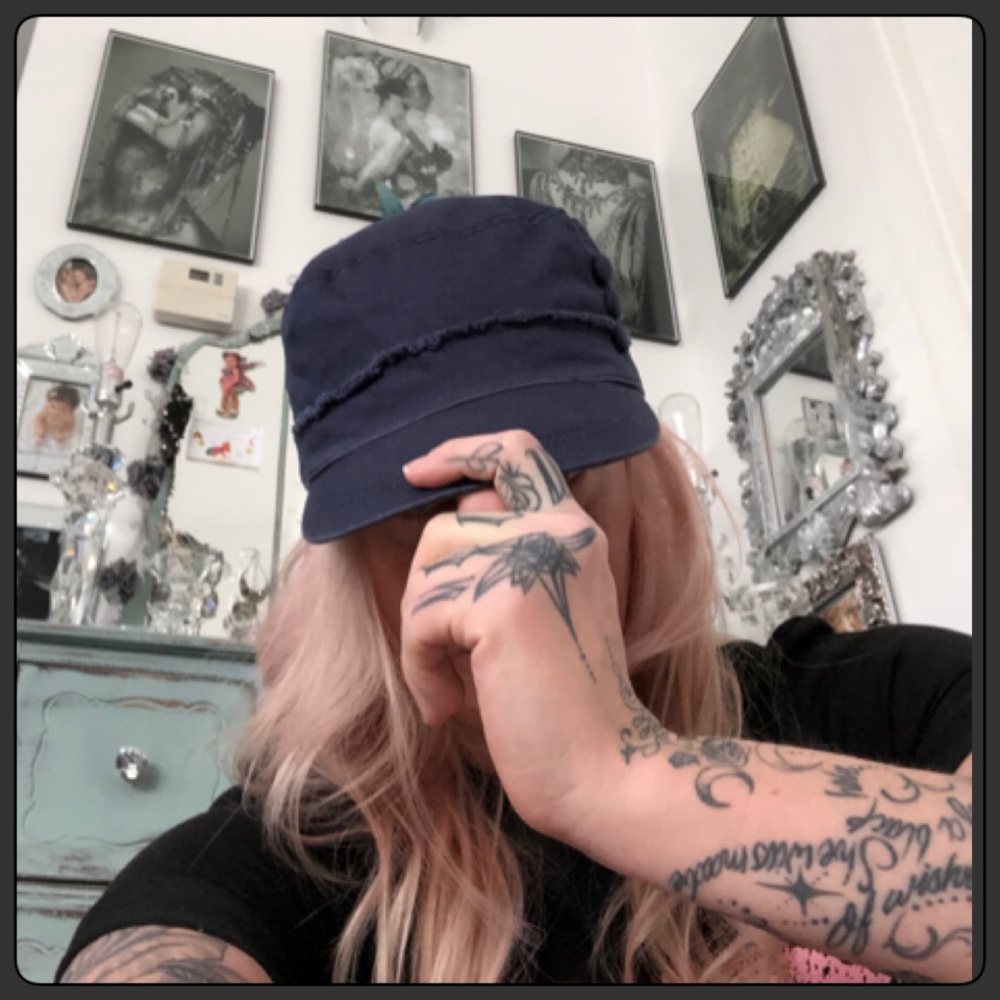 Navy Blue Button Accent Baker Boy Hat